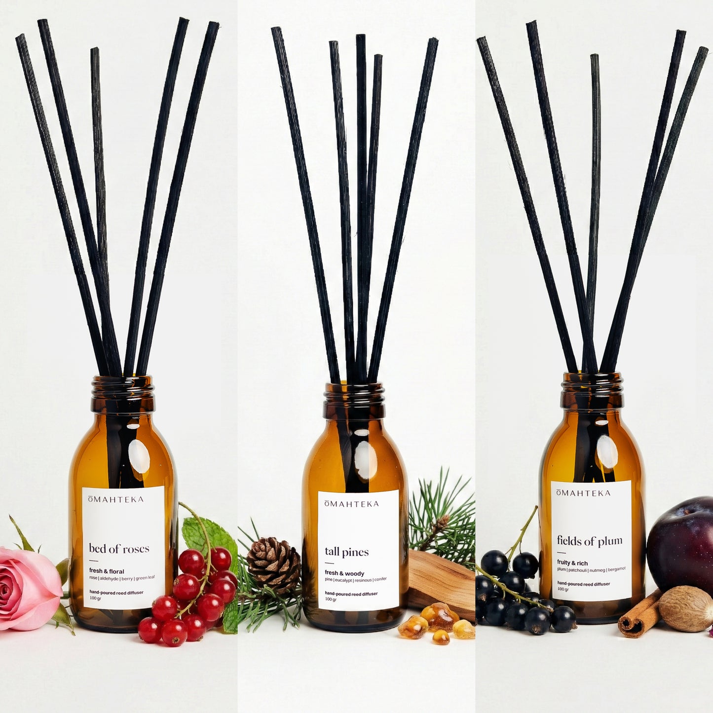 Nature Inspired Set de la Omahteka - 3 arome distincte inspirate din natură, de la prospețimea florală a Bed of Roses, la nota lemnoasă a Tall Pines și dulceața fructată a Fields of Plum, livrare rapidă în România.
