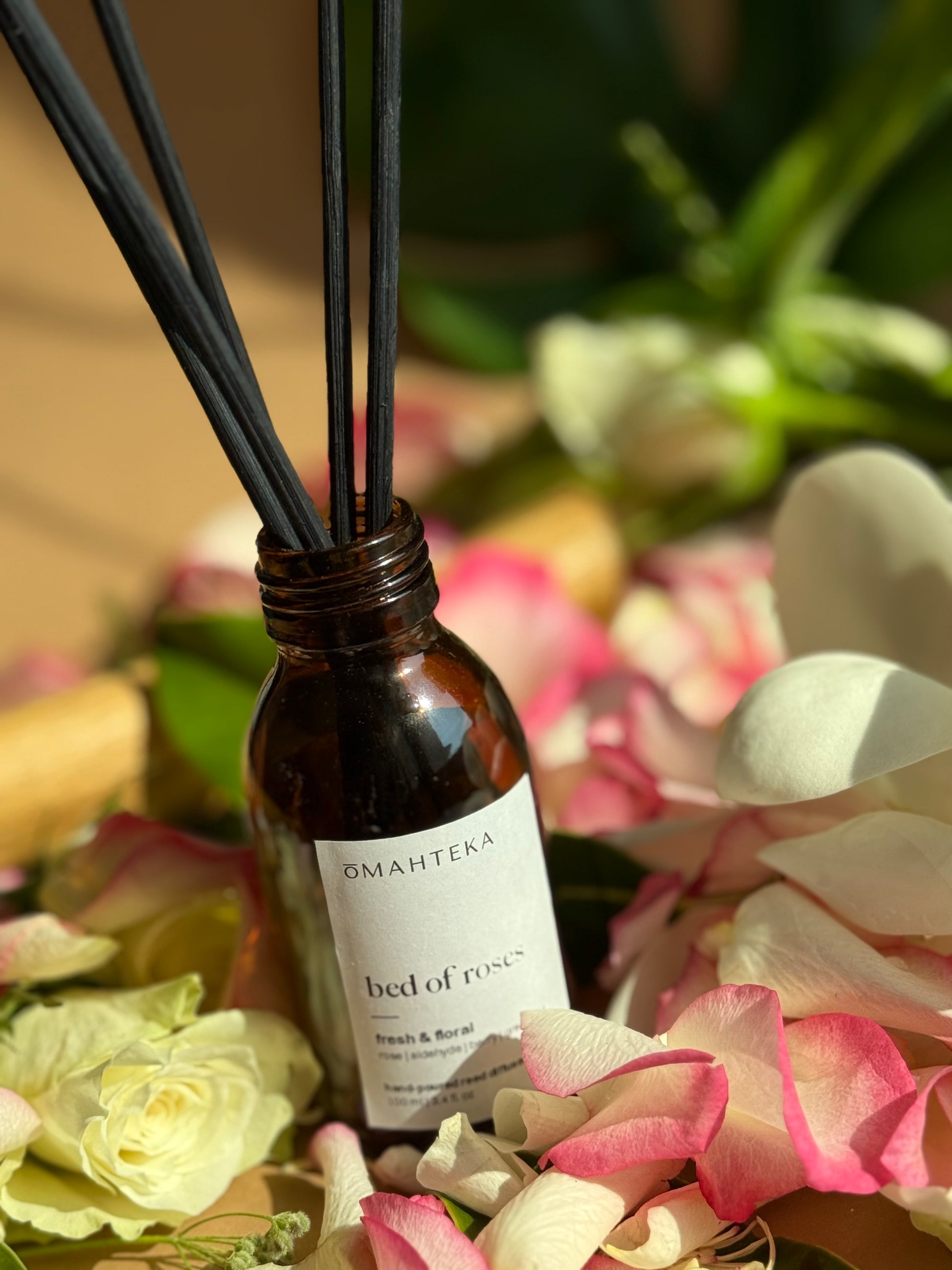 Bed of Roses – parfum de cameră floral, cu prospețime naturală de frunze verzi și mure, într-un decor cu plante și lumină caldă de dimineață.